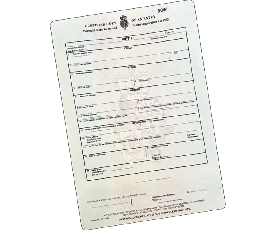 Example of a UK birth certificate