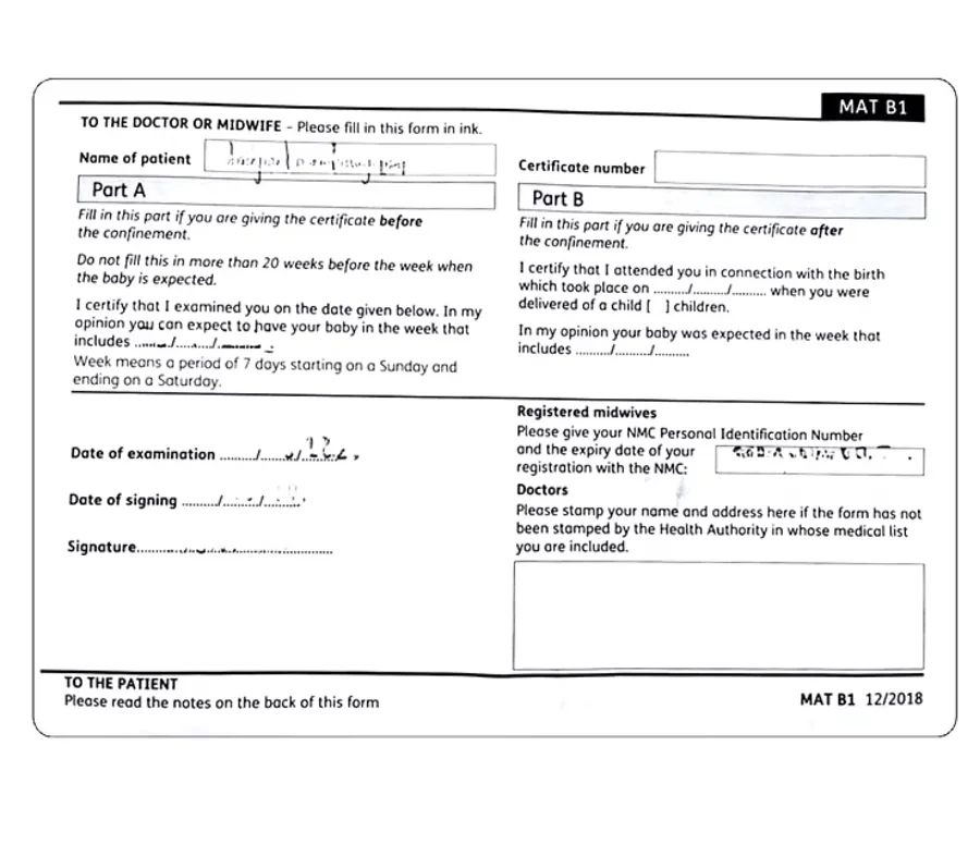 Example of a MAT B1 maternity certificate form