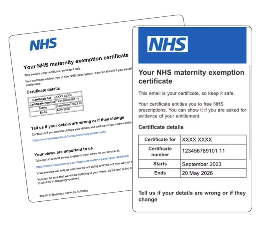 Example of an NHS maternity exemption certificate