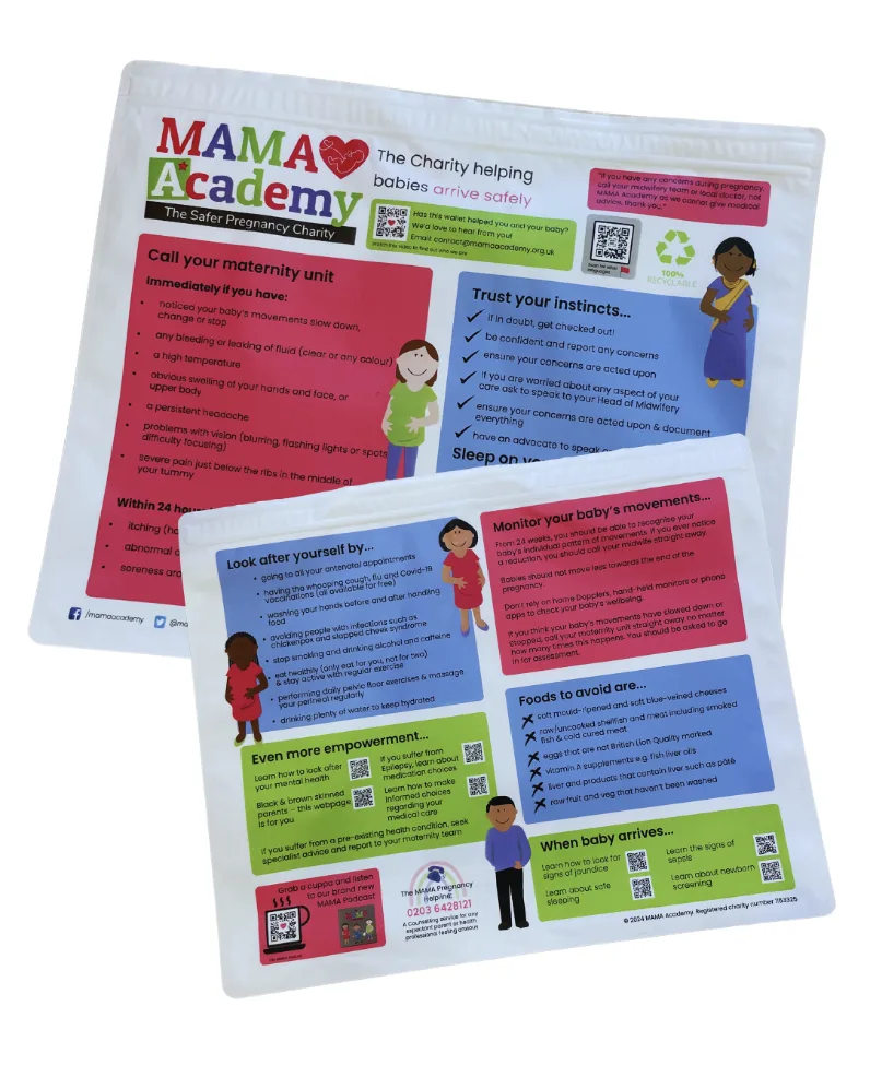 The MAMA Academy Wellbeing Wallet: a pouch for antenatal notes printed with safer-pregnancy advice