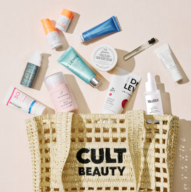 Woven bag spilling Cult Beauty goodies