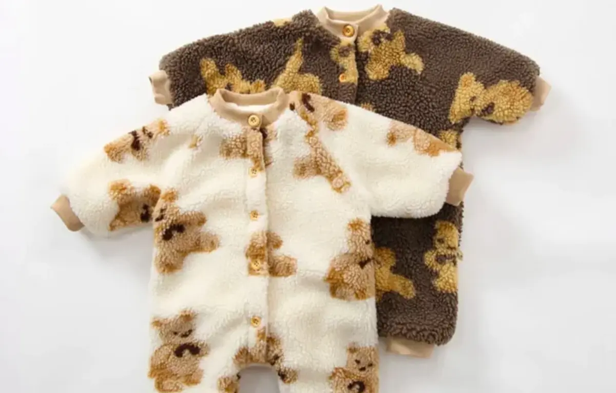 A teddy-bear print fleece baby pramsuit