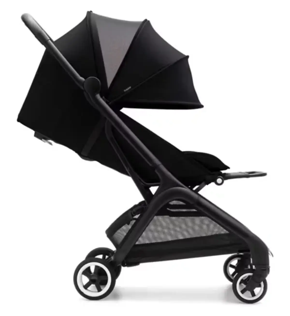 A compact travel stroller with the hood extended
