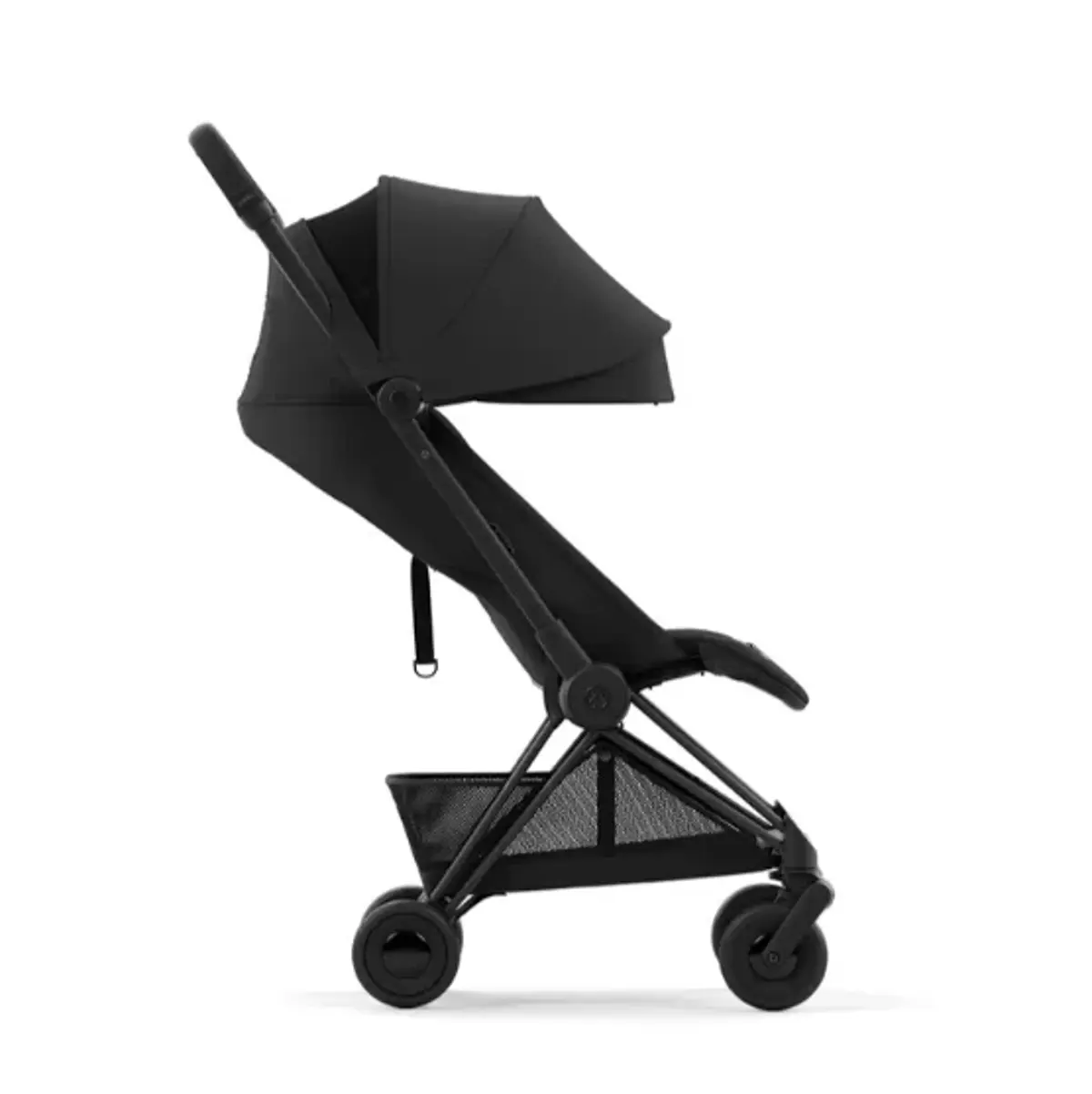 A travel stroller fully reclined
