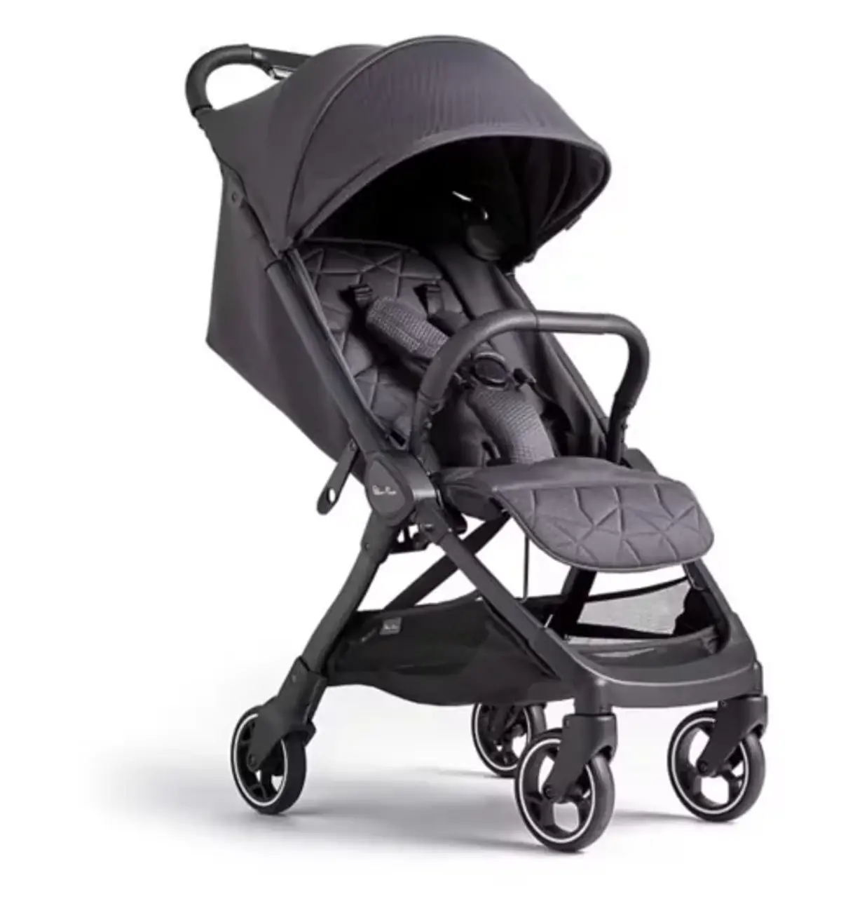 A lightweight travel pram in charcoal