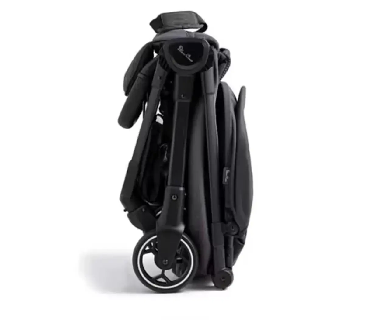A folded travel stroller standing upright