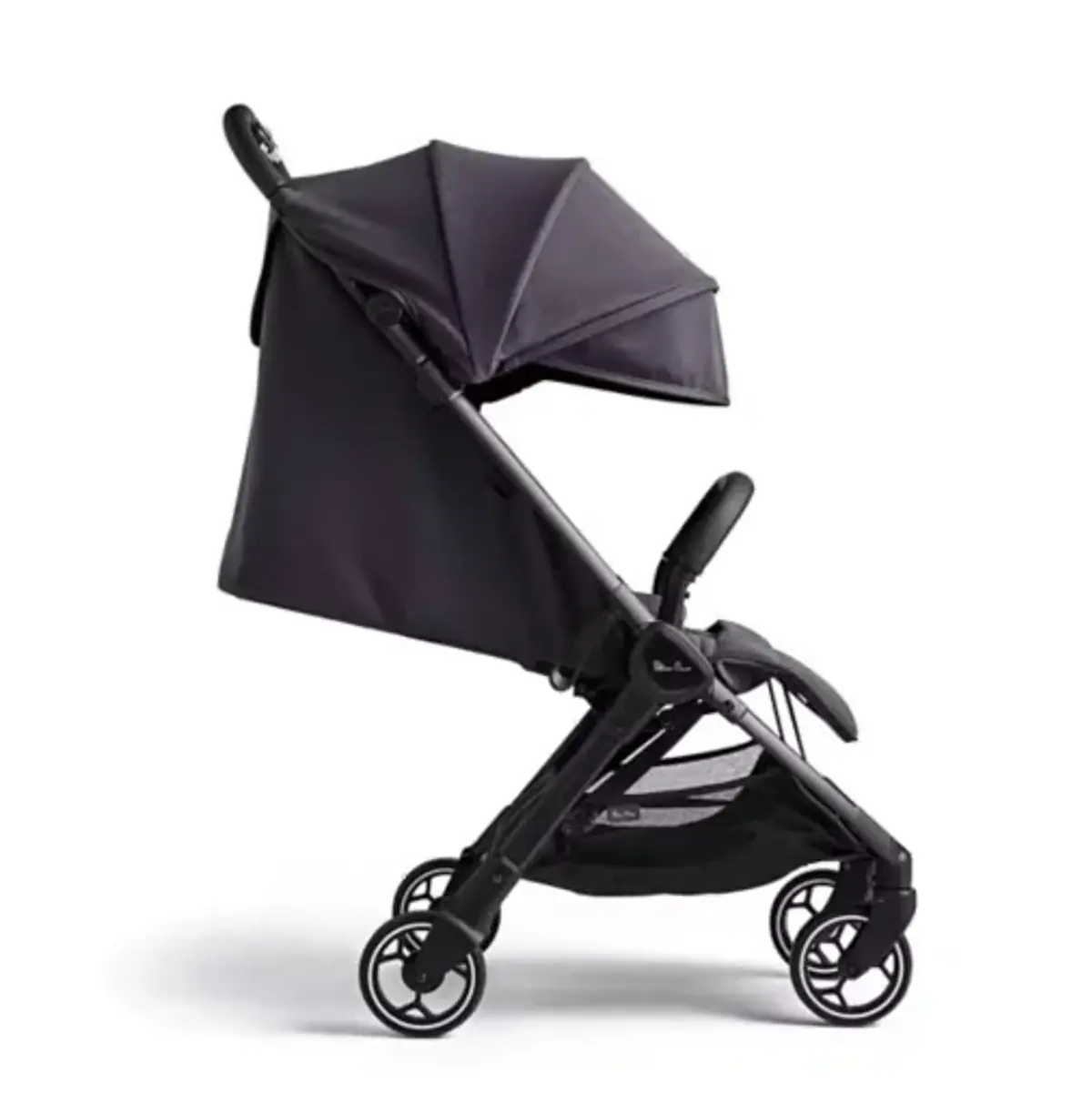 A travel stroller with its canopy open