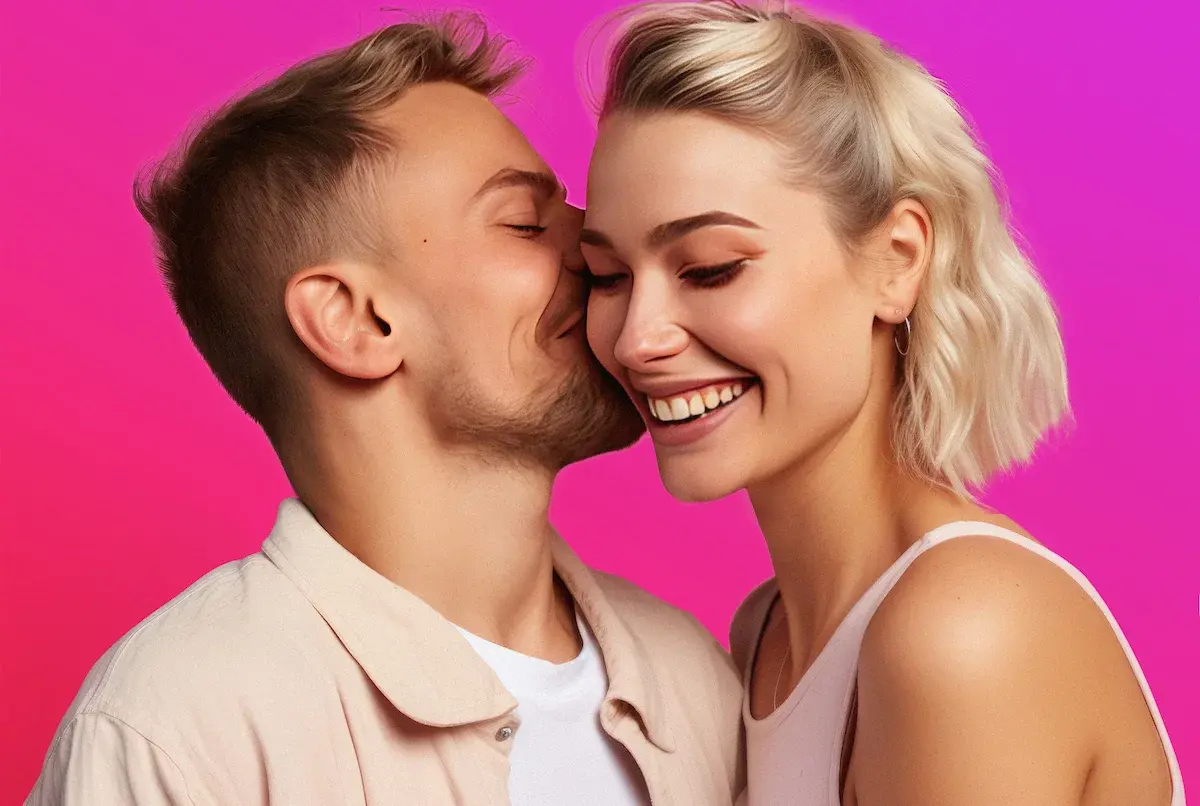 A couple laughing together on a pink background