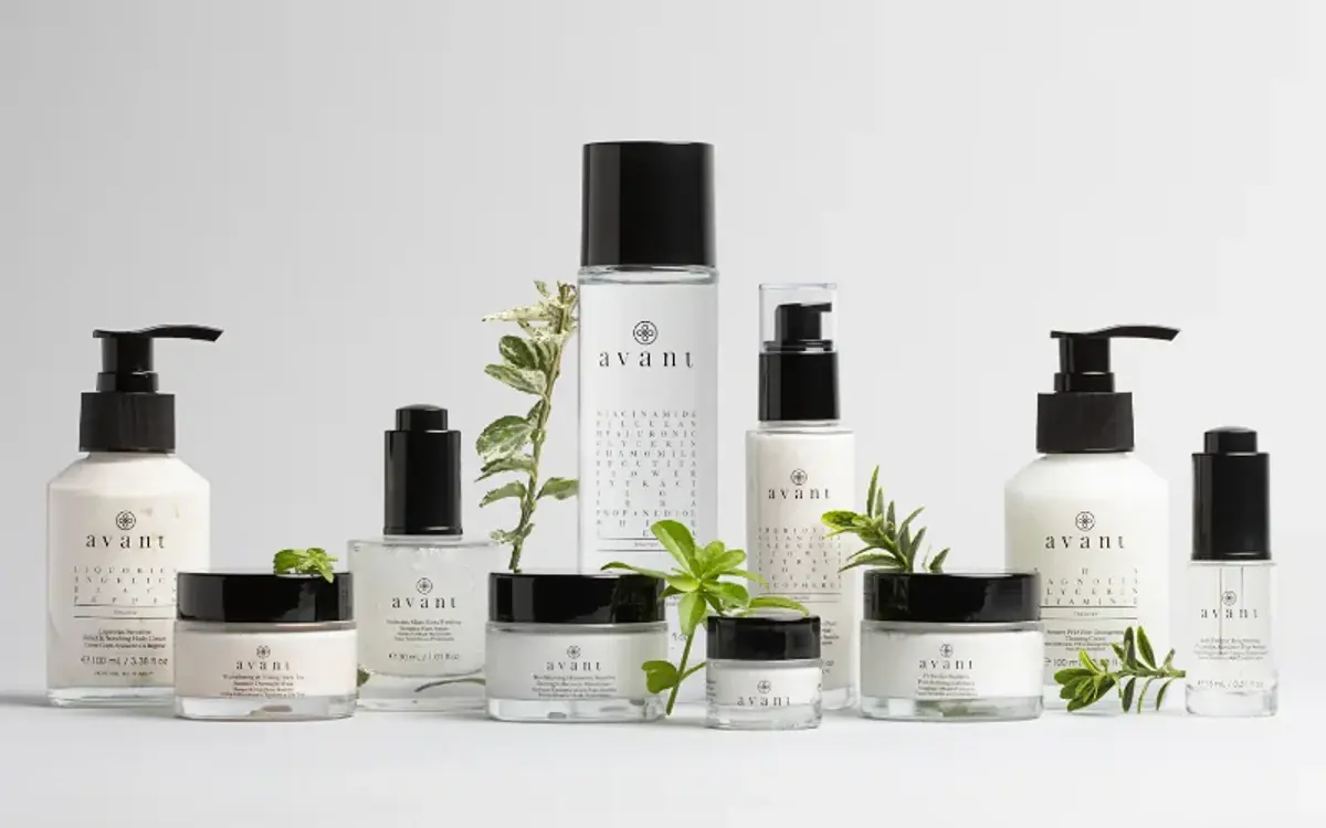 An Avyri skincare collection in white bottles